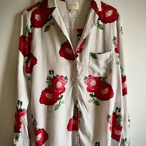 Sezane Notched Collar Button Down Shirt Red and light grey